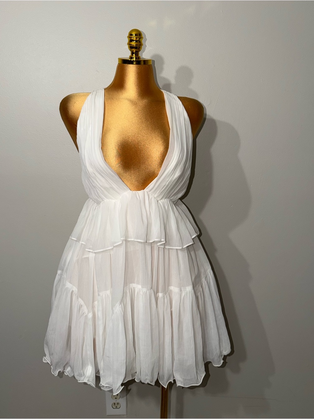 & Other Stories White Plunge Halter Tiered Mini Dress